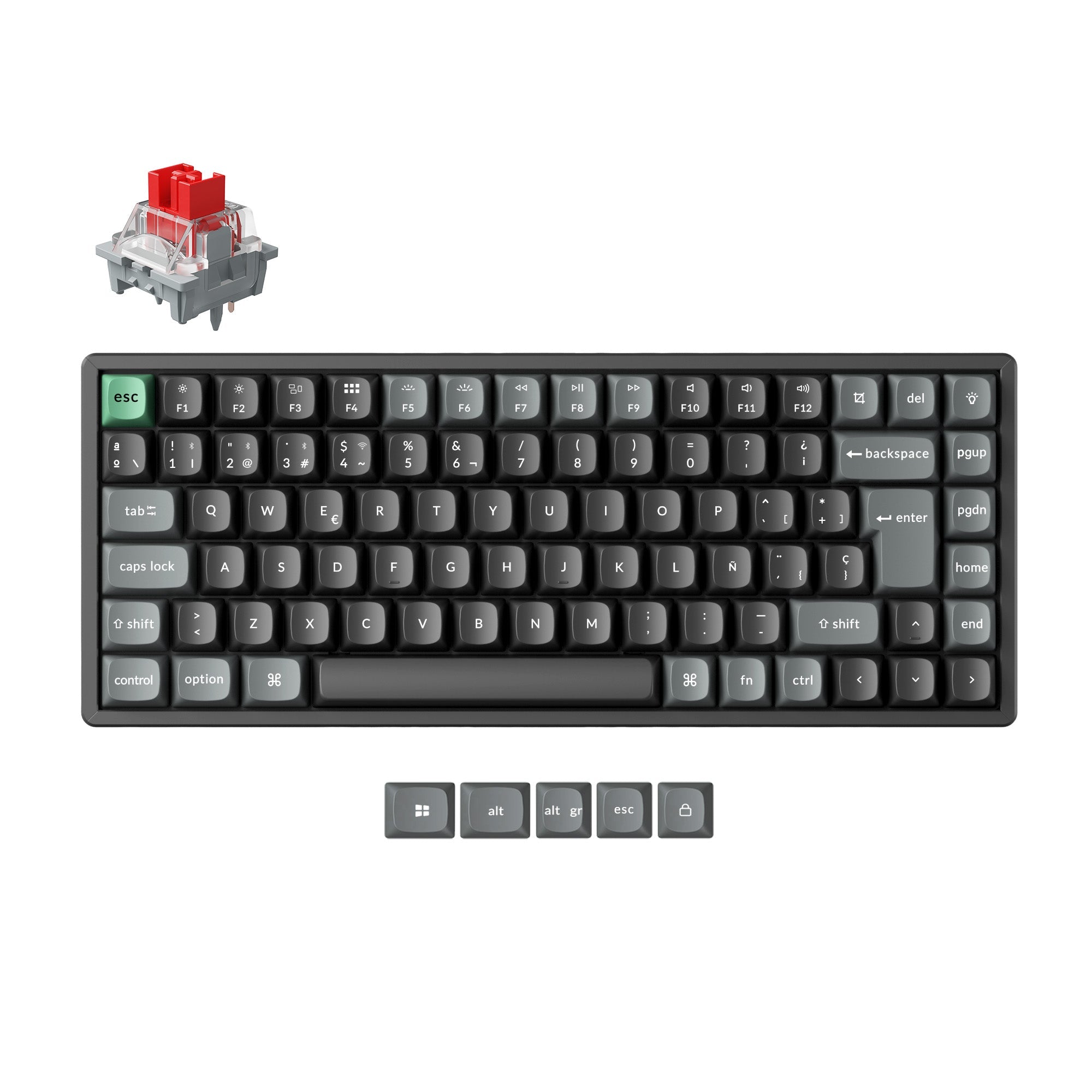 Mechanical keyboard with a red switch on a white background