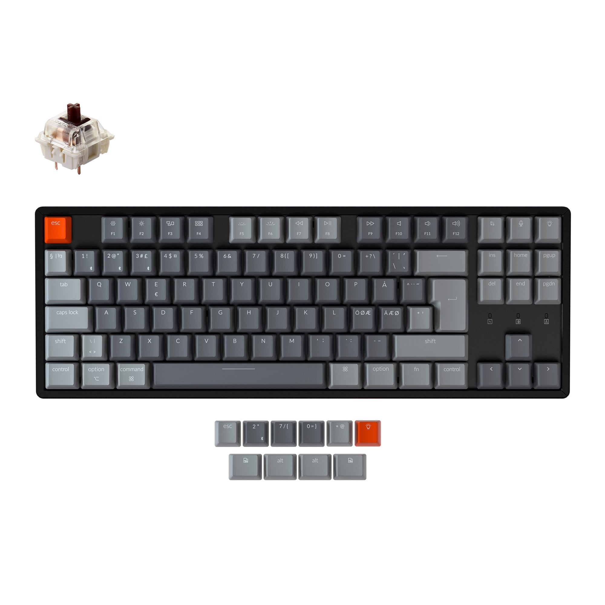 Keychron K8 Tenkeyless Wireless Mechanical Keyboard (Nordic ISO Layout) has included keycaps for both Windows and macOS, and users can hotswap every switch in seconds with the hot swappable version.